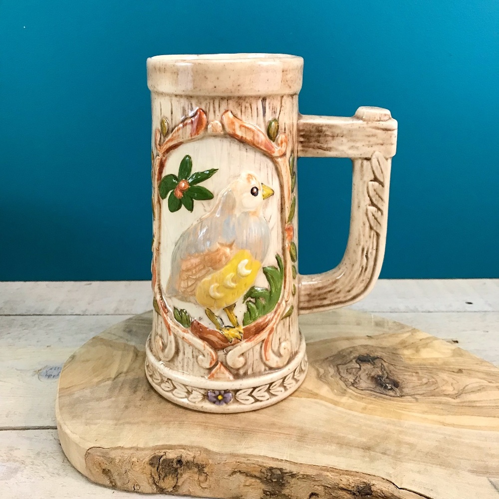 VINTAGE 1982 Hobbyist Bird Stein Mug Fantasy Woodland Cottagecore Moons Flowers